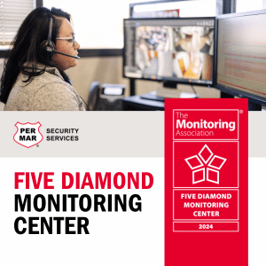 Monitoring agent looking at cameras in 5 diamond monitoring center