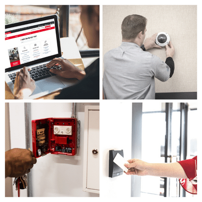 website, tech with camera, fire pull station, access control
